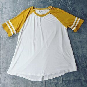 American Eagle Womens XL Raglan Sleeve Baseball Tee White Mustard Casual Classic